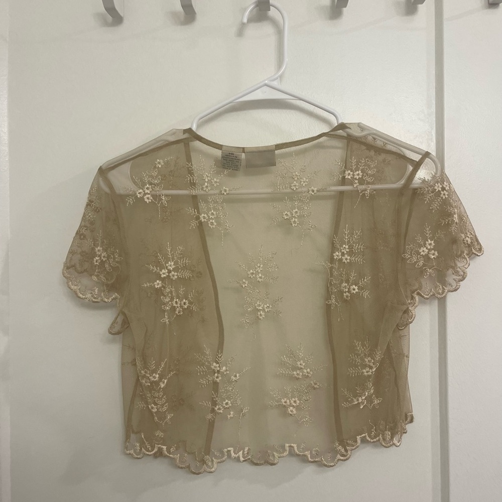 Vintage Lace Sheer Fairycore Boho Tan Floral Lace Blouse - Picture 8 of 8